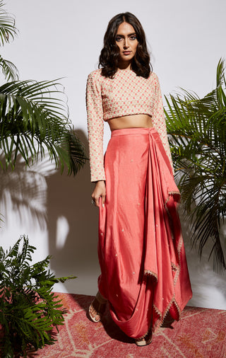 Sva By Sonam And Paras Modi-Embroidered Crop Top With Pink Drape Skirt-INDIASPOPUP.COM