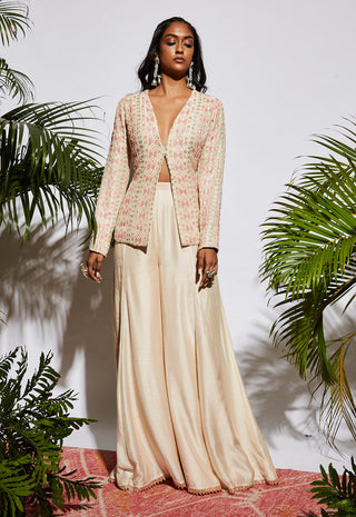 Sva By Sonam And Paras Modi-Beige Embellished Structured Jacket With Sharara Pants-INDIASPOPUP.COM