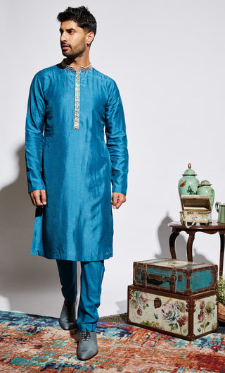 Sva By Sonam And Paras Modi-Blue Kurta Set With Embellished Collar-INDIASPOPUP.COM