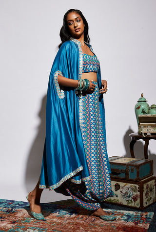 Sva By Sonam And Paras Modi-Blue Cape With Printed Drape Skirt-INDIASPOPUP.COM
