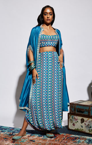 Sva By Sonam And Paras Modi-Blue Cape With Printed Drape Skirt-INDIASPOPUP.COM