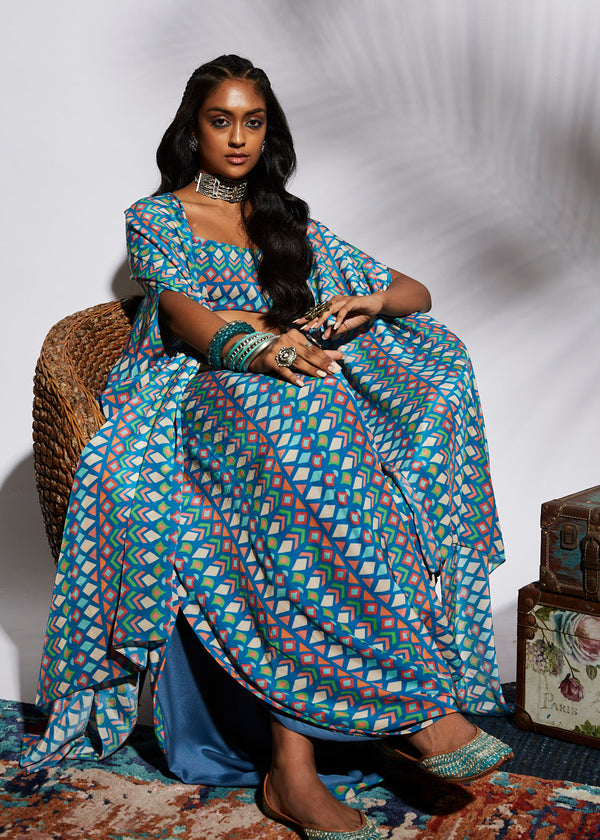 Sva By Sonam And Paras Modi-Blue Printed Drape Skirt With Bustier And Cape-INDIASPOPUP.COM