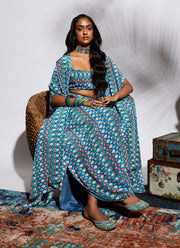 Sva By Sonam And Paras Modi-Blue Printed Drape Skirt With Bustier And Cape-INDIASPOPUP.COM