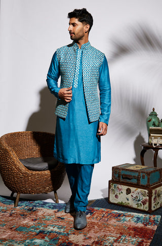 Sva By Sonam And Paras Modi-Blue Kurta Set With Embellished Bundi-INDIASPOPUP.COM