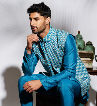 Sva By Sonam And Paras Modi-Blue Kurta Set With Embellished Bundi-INDIASPOPUP.COM