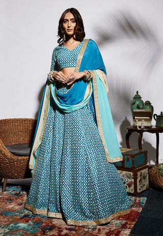 Sva By Sonam And Paras Modi-Turquoise Embroidered Lehenga Set-INDIASPOPUP.COM