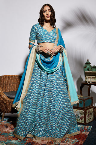 Sva By Sonam And Paras Modi-Turquoise Embroidered Lehenga Set-INDIASPOPUP.COM