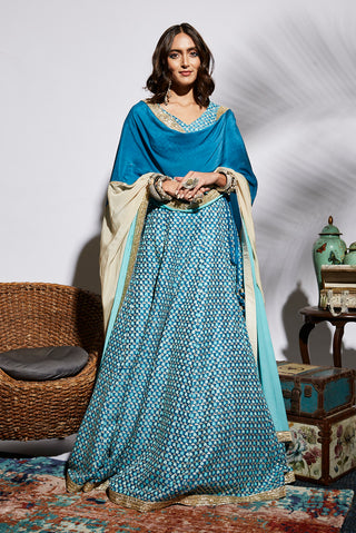 Sva By Sonam And Paras Modi-Turquoise Embroidered Lehenga Set-INDIASPOPUP.COM