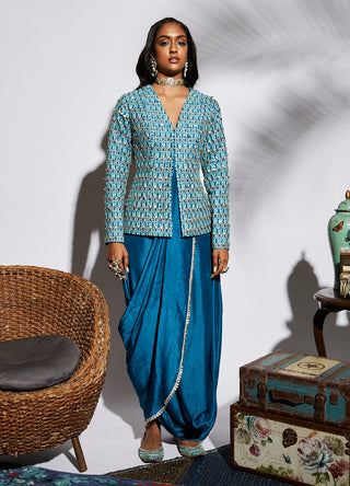 Sva By Sonam And Paras Modi-Turquoise Blue Drape Skirt With Structure Jacket-INDIASPOPUP.COM