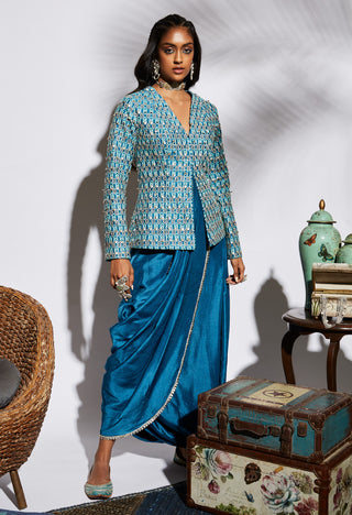 Sva By Sonam And Paras Modi-Turquoise Blue Drape Skirt With Structure Jacket-INDIASPOPUP.COM