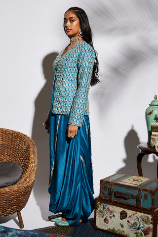 Sva By Sonam And Paras Modi-Turquoise Blue Drape Skirt With Structure Jacket-INDIASPOPUP.COM