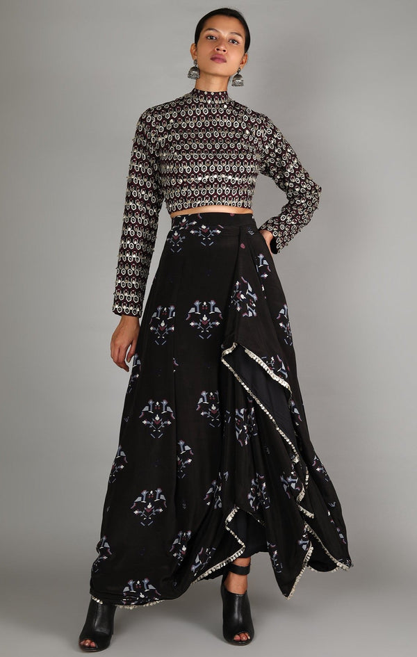 Sva By Sonam And Paras Modi-Black Embellished Crop Top With Draped Skirt-INDIASPOPUP.COM