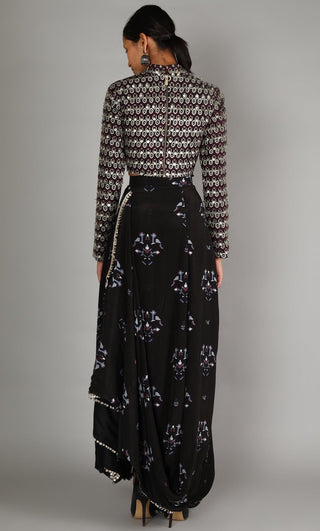 Sva By Sonam And Paras Modi-Black Embellished Crop Top With Draped Skirt-INDIASPOPUP.COM