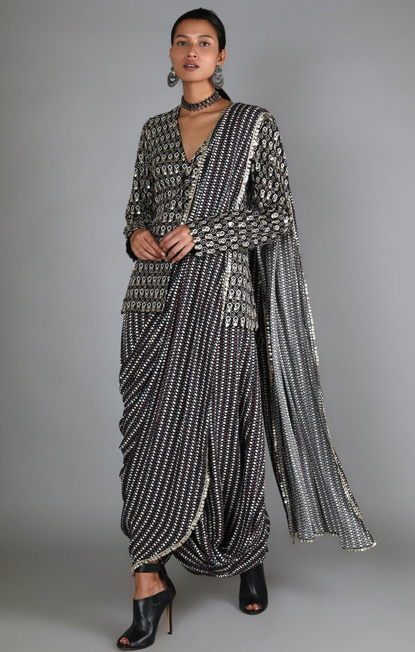 Sva By Sonam And Paras Modi-Black Draped Skirt With Emebllished Jacket-INDIASPOPUP.COM