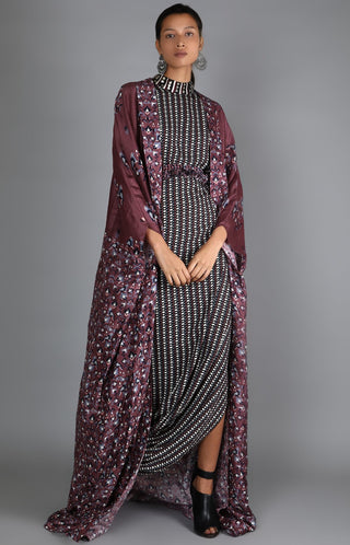 Sva By Sonam And Paras Modi-Black Printed Draped Dress With Cape-INDIASPOPUP.COM