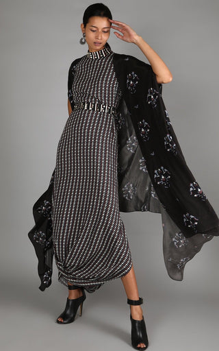 Sva By Sonam And Paras Modi-Black Drape Dress With Printed Cape.-INDIASPOPUP.COM