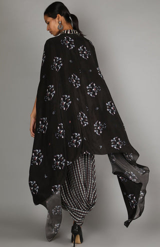 Sva By Sonam And Paras Modi-Black Drape Dress With Printed Cape.-INDIASPOPUP.COM