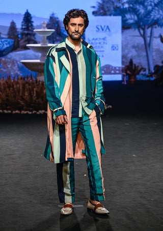 Sva By Sonam And Paras Modi-Multicolor Stripes Shirt With Pants And Trench Coat-INDIASPOPUP.COM