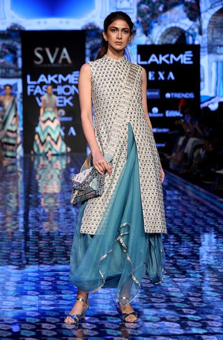 Sva By Sonam And Paras Modi-Teal Blue Skirt With Embroidered Jacket-INDIASPOPUP.COM