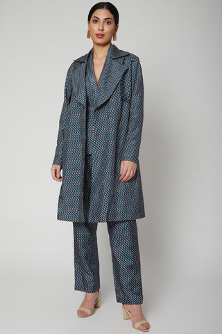 Sva By Sonam And Paras Modi-Blue Print Trench Coat With Waist Coat And Pant-INDIASPOPUP.COM