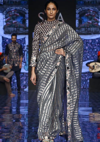 Sva By Sonam And Paras Modi-Blue Galeecha Print Saree Set-INDIASPOPUP.COM