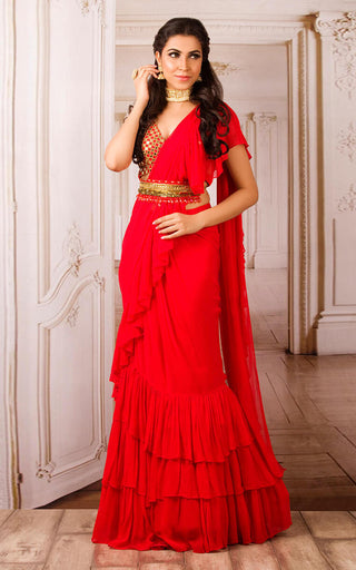 Archana Kochhar-Red Ruffles Saree Set-INDIASPOPUP.COM