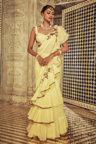 Archana Kochhar-Yellow Lucknowi Saree Set-INDIASPOPUP.COM