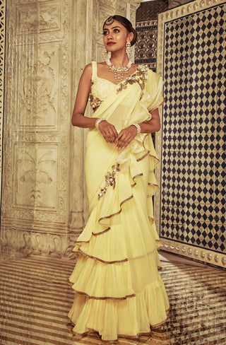 Archana Kochhar-Yellow Lucknowi Saree Set-INDIASPOPUP.COM