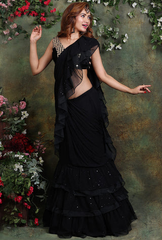 Archana Kochhar-Black Ruffle Saree Set-INDIASPOPUP.COM