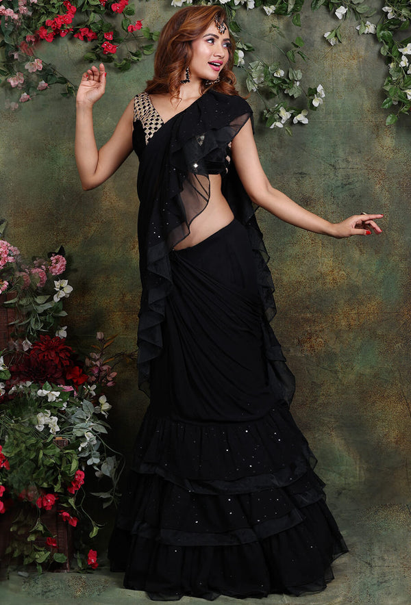 Buy online Black Solid With Ruffle Border Saree from ethnic wear for Women  by Shrithi Fashion Fab for ₹480 at 52% off | 2024 Limeroad.com