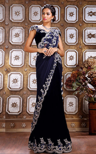 Archana Kochhar-Midnight Blue Embroidery Saree Set-INDIASPOPUP.COM