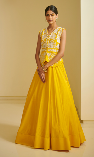 Varun Bahl-Yellow Embroidered Zille With Skirt-INDIASPOPUP.COM