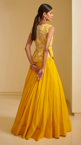 Varun Bahl-Yellow Embroidered Zille With Skirt-INDIASPOPUP.COM