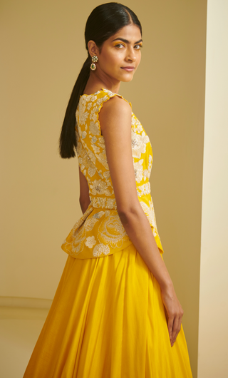 Varun Bahl-Yellow Embroidered Zille With Skirt-INDIASPOPUP.COM