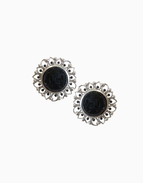 Hyperbole - Silver Bloom Studs With Black Onyx - INDIASPOPUP.COM
