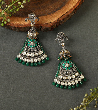 Tizora-Antique Finish Green Stone Diamond Earrings-INDIASPOPUP.COM