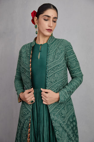 Torani-Bottle Green Sheesham Rati Jaloba Dress With Jacket-INDIASPOPUP.COM