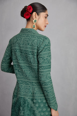 Torani-Bottle Green Sheesham Rati Jaloba Dress With Jacket-INDIASPOPUP.COM