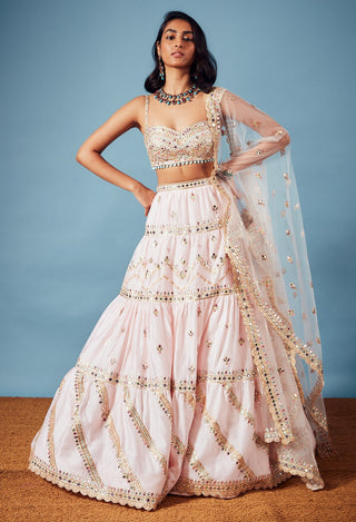 Tamanna Punjabi Kapoor-Pink Chanderi Tiered Lehenga Set-INDIASPOPUP.COM