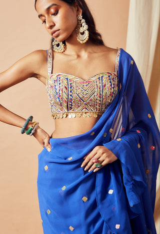Tamanna Punjabi Kapoor-Royal Blue Ruffle Saree Set-INDIASPOPUP.COM