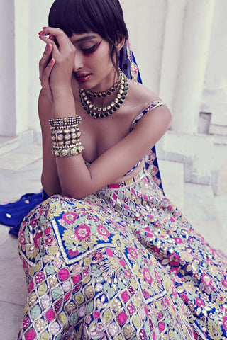 Tamanna Punjabi Kapoor-Royal Blue Floral Embroidered Lehenga Set-INDIASPOPUP.COM