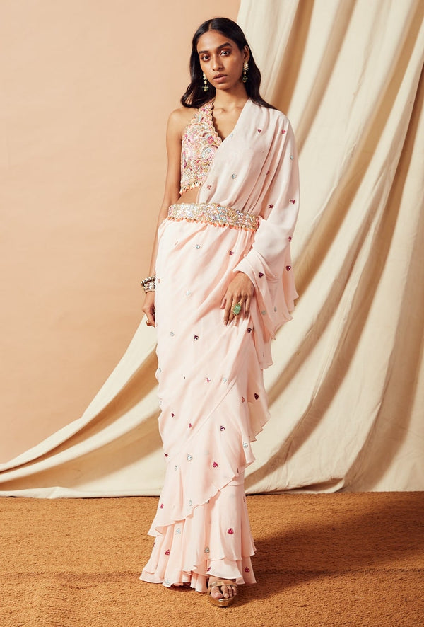 BLUSH PINK RUFFLE SAREE - The Home Affair