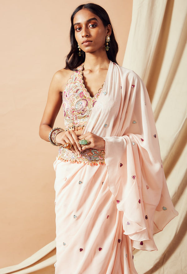 Pink Crepe Sarees : Shop Pink Crepe Ombre Ruffle Ready To Wear Saree at  Soch )