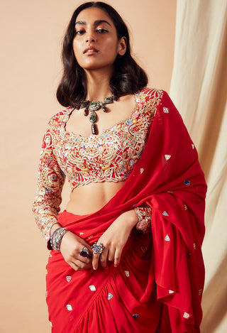 Tamanna Punjabi Kapoor-Red Ruffle Saree Set-INDIASPOPUP.COM