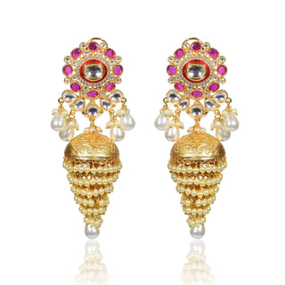 Tizora-Red And White Pearls Jhumki Earrings-INDIASPOPUP.COM