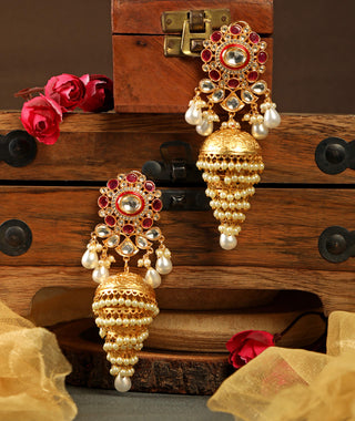 Tizora-Red And White Pearls Jhumki Earrings-INDIASPOPUP.COM