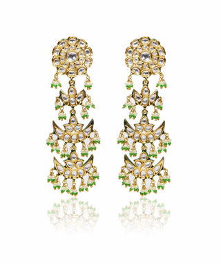 Tizora-Green And White Kundan Long Earrings-INDIASPOPUP.COM