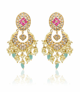 Tizora-Pink Blue Kundan Chandbali Earrings-INDIASPOPUP.COM