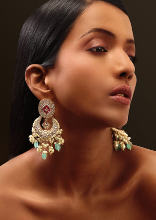 Tizora-Pink Blue Kundan Chandbali Earrings-INDIASPOPUP.COM