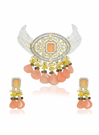Tizora-Peach Stone Kundan Necklace Set-INDIASPOPUP.COM